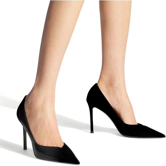 Women's Black Pointed Toe Pumps Patent Suede Heel Stiletto Slip On High Heels - Picture 2 of 6